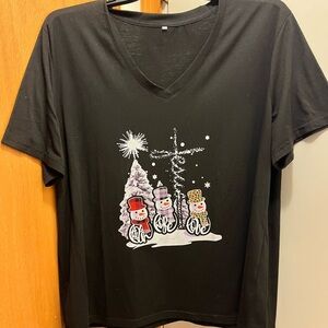 Black V-Neck T-Shirt with Snowman Print